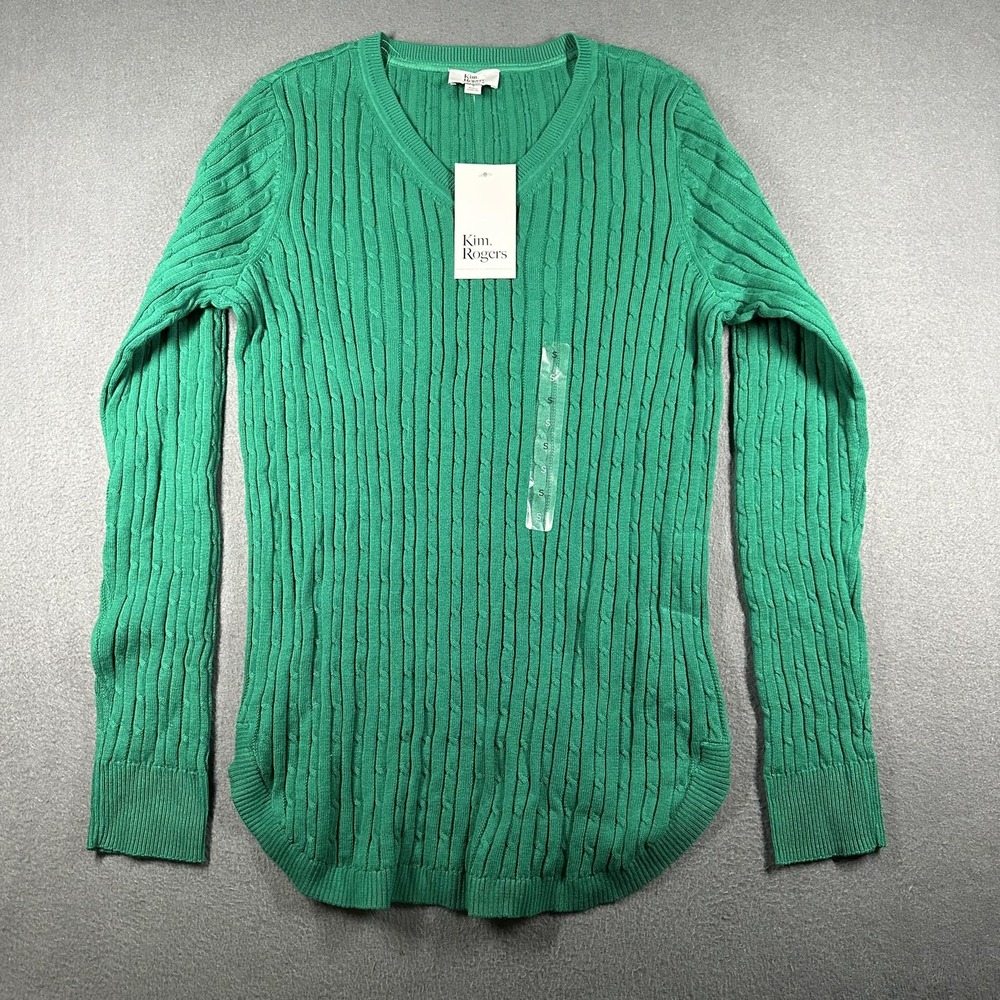 Kim Rogers Sweater Womens Small Green V Neck Ribbed Knit Long Sleeve‎ Pullover